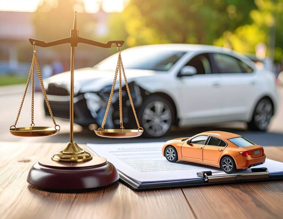 Statuetka wagi, model samochodu i dokumenty symbolizują prawo odszkodowawcze po wypadku drogowym.