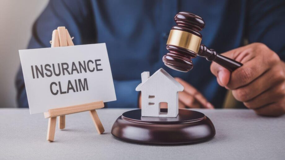 Ręka trzymająca młotek sędziowski obok modelu domu i tabliczki z napisem "insurance claim" symbolizuje zadośćuczynienie za szkody majątkowe.