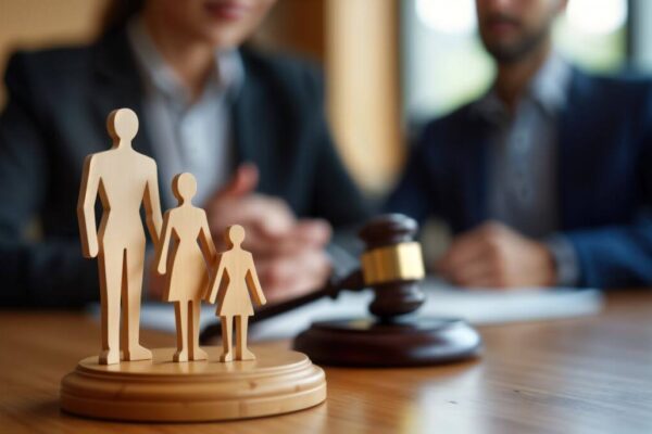 Drewniana rodzina i młotek na biurku symbolizują prawo rodzinne.